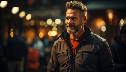 Obraz premium Confident man, illuminated city, smiling, walking in winter night generated by AI