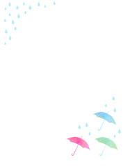 カラフルな傘と雨の水彩背景イラスト（縦型フレーム）