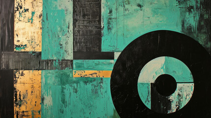 wall art painting, big circle black and jade green, oil painting on the wooden wall, yellow background with green dot.