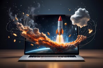 Space rocket shuttle with a cloud of smoke and blast takes off from a laptop on a working office desk. Creative idea and startup. Successful business project. Go outside the frame - obrazy, fototapety, plakaty