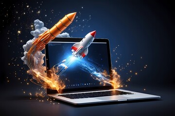 Space rocket shuttle with a cloud of smoke and blast takes off from a laptop on a dark background 1. Creative idea and startup. Successful business project. Go outside the frame