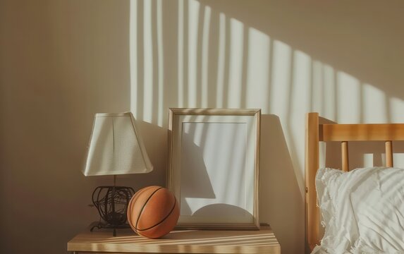Basketball ornaments and blank photo mockup frame on bedside table, soft natural light.