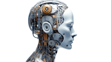 Robot Head with digital graphic Brain Engine isolated on transparent and white background.PNG image.