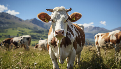 Naklejka na ściany i meble Cows grazing in green meadow, enjoying nature beauty generated by AI