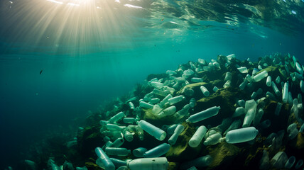 Plastic pollution in the ocean, underwater image. Tons of plastic ends up in the ocean each year. AI-generated image.