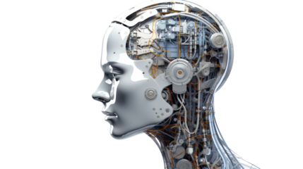 Robot Head with digital graphic Brain Engine isolated on transparent and white background.PNG image.