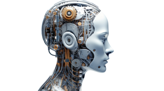 Robot Head with digital graphic Brain Engine isolated on transparent and white background.PNG image.