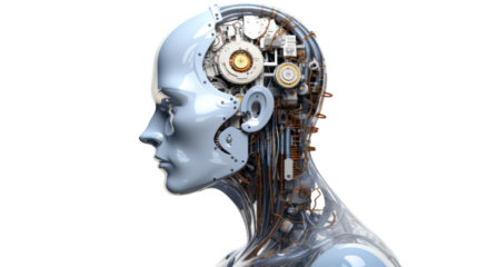 Robot Head with digital graphic Brain Engine isolated on transparent and white background.PNG image.