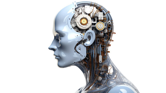 Robot Head with digital graphic Brain Engine isolated on transparent and white background.PNG image.