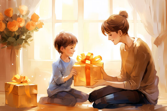 Watercolor postcard with mother and son holding gifts in their hands. Gift exchange, birthday