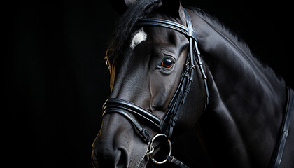 Beautiful black stallion in nature, elegance and beauty captured generated by AI