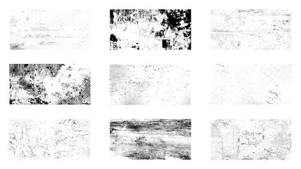 Grunge overlay textures with dust grain isolated on white background. Set of vector paint brush stroke, ink splash and grungy decoration 
