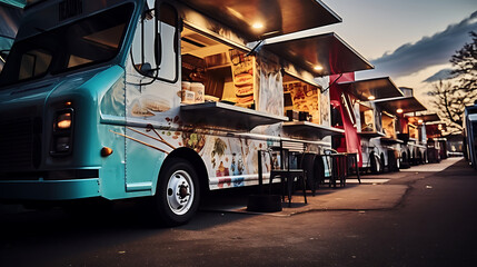 Obraz premium Food trucks stand side by side. Perspective photo. Generative AI