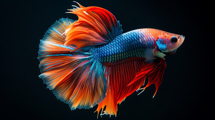 Fototapeta premium Capture the moving moment of red-blue siamese fighting fish isolated on black background. Betta fish. Generative AI illustration 