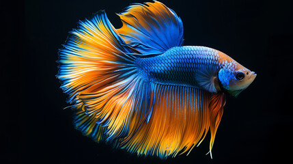 Fototapeta premium Capture the moving moment of red-blue siamese fighting fish isolated on black background. Betta fish. Generative AI illustration 