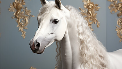 Elegant horse, majestic mane, beauty in nature, looking away generated by AI