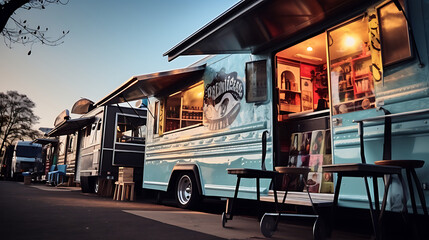 Food trucks stand side by side. Perspective photo.
Generative AI