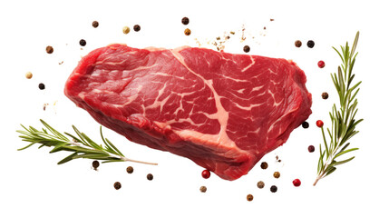 Raw beef steak with rosemary and peppercorns isolated on transparent and white background.PNG image.