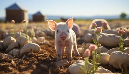 Cute piglet grazing on organic meadow, enjoying nature growth generated by AI