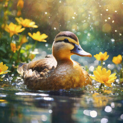 Cute yellow duck swimming in the pond surrounded by beautiful flowers.