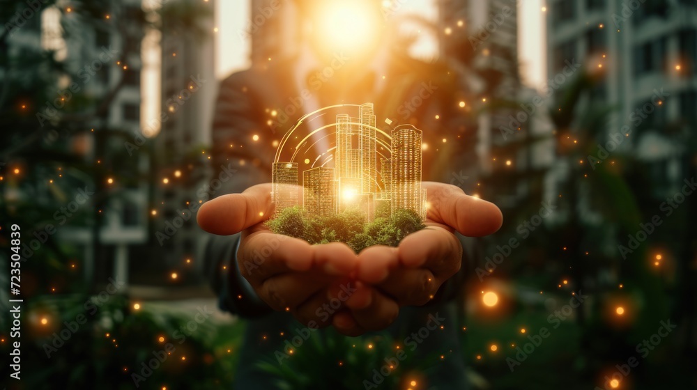 Poster engineer holds building icon over seamless network connection