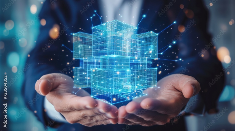 Poster engineer holds building icon over seamless network connection