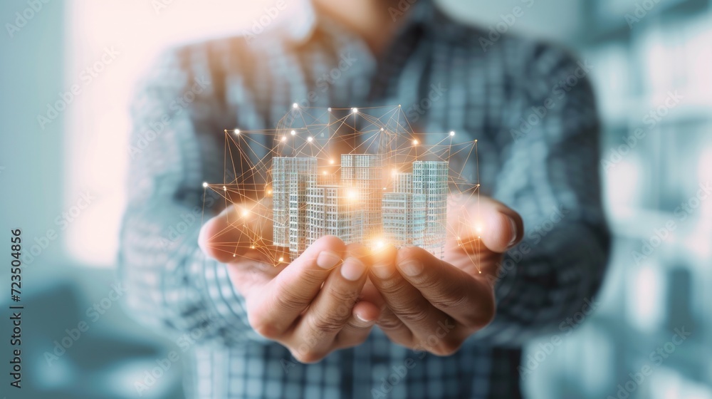 Aufkleber engineer holds building icon over seamless network connection
