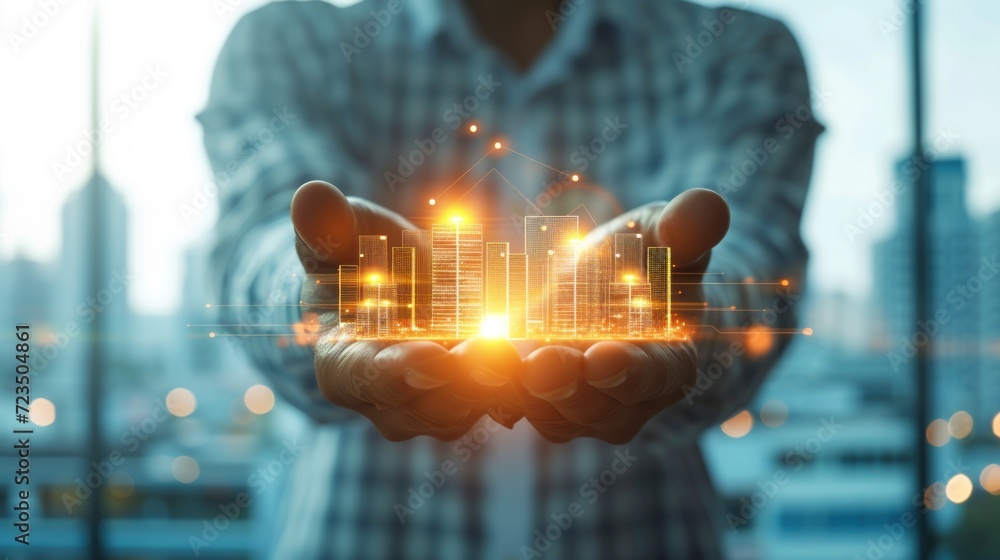 Poster engineer holds building icon over seamless network connection