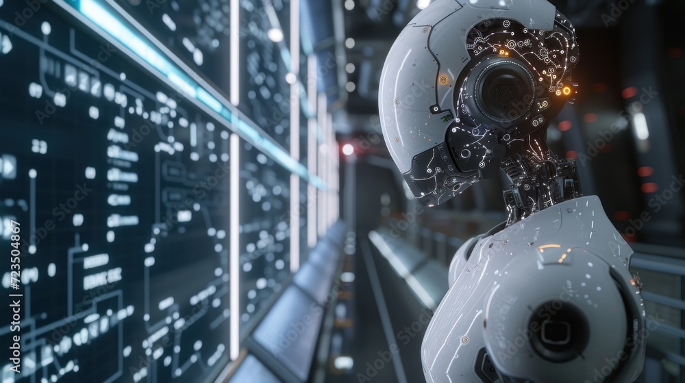 Poster robots and humans experience online banking networks. brain data gets cyber-secured fintech and ai-p