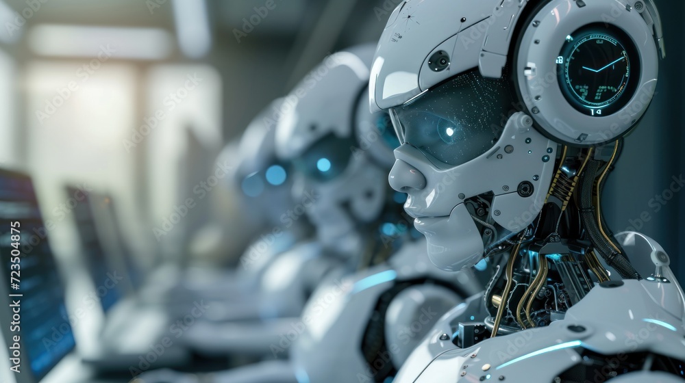 Poster robots and humans experience online banking networks. brain data gets cyber-secured fintech and ai-p