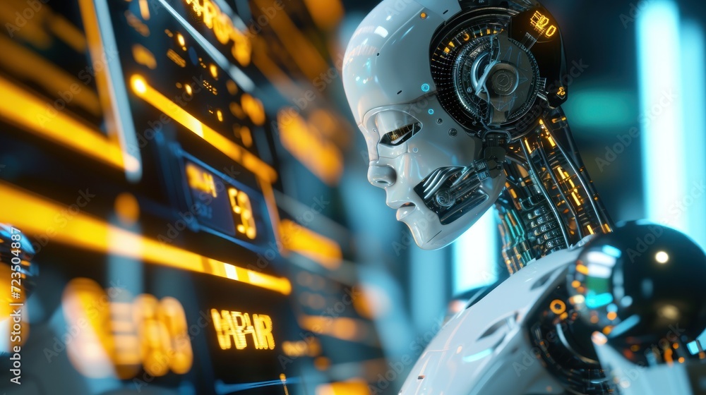 Poster robots and humans experience online banking networks. brain data gets cyber-secured fintech and ai-p