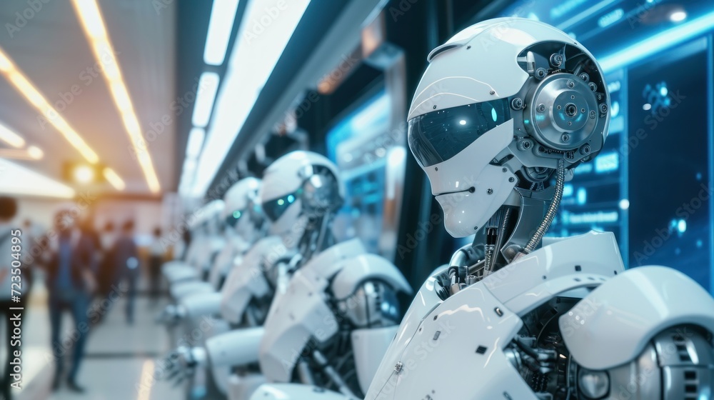 Poster robots and humans experience online banking networks. brain data gets cyber-secured fintech and ai-p