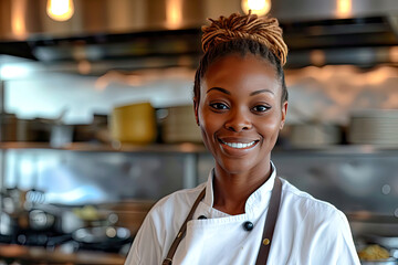 Fototapeta premium portrait of a female chef in a restaurant, African American, generative ai