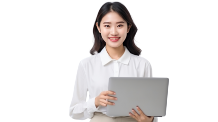 Portrait young asian girl woman happy and success holding computer isolated on transparent and white background.PNG image.