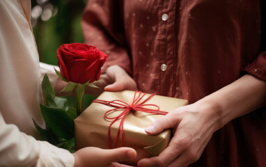 Close-up of children's hands giving mother or grandmother a small gift box and a red bright rose. Birthday, holiday, March 8th. Mothers Day
