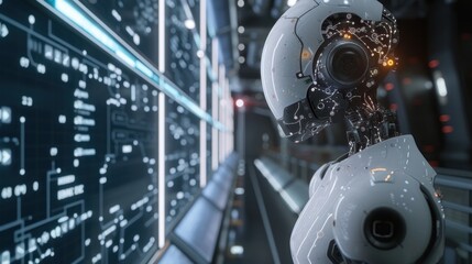 Fototapeta premium Robots and humans experience online banking networks. Brain data gets cyber-secured Fintech and AI-powered technologies are driving innovation.