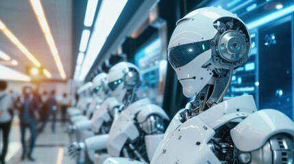 Fototapeta premium Robots and humans experience online banking networks. Brain data gets cyber-secured Fintech and AI-powered technologies are driving innovation.