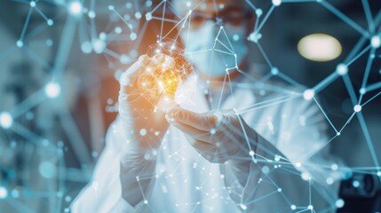 Scientist holds icon of mass spectrometer over seamless network connection.