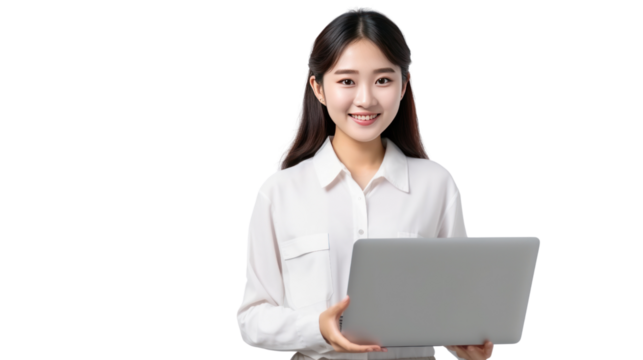 Portrait young asian girl woman happy and success holding computer isolated on transparent and white background.PNG image.