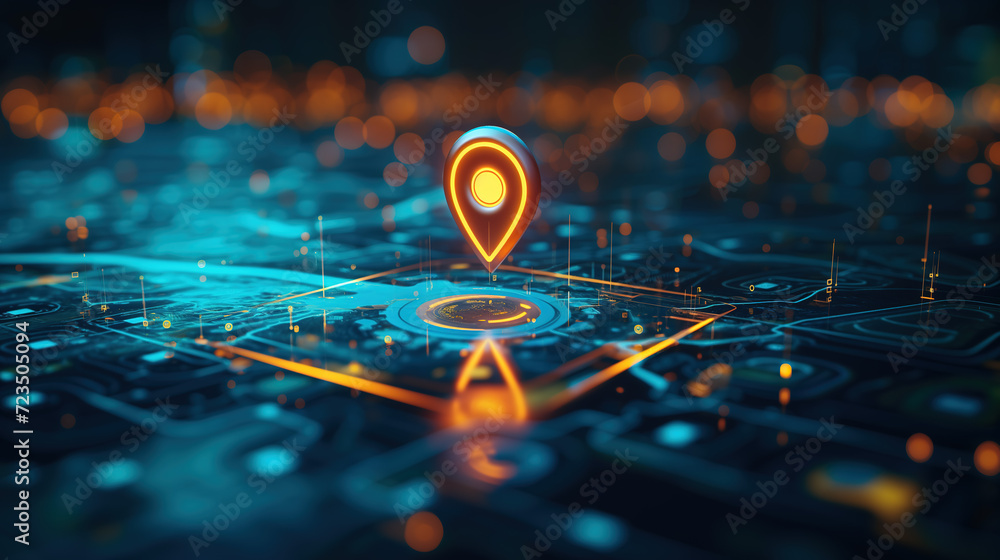 Aufkleber futuristic network visualization of digital city map with glowing location marker