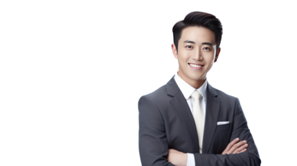 Happy young Asian businessman isolated on transparent and white background.PNG image.
