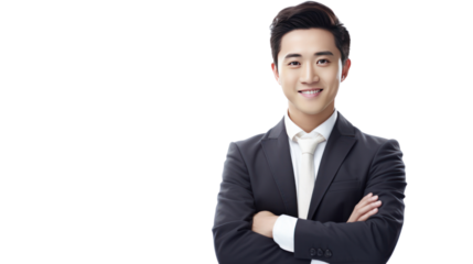 Portrait of young happy smiling business man Asian, crossed arms isolated on transparent and white background.PNG image.