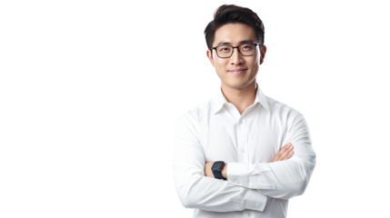 Portrait of young happy smiling business man Asian, crossed arms isolated on transparent and white background.PNG image.