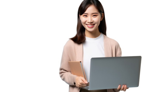 Portrait young asian girl woman happy and success holding computer isolated on transparent and white background.PNG image.