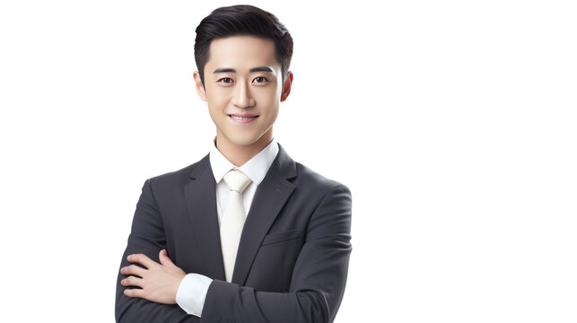 Happy young Asian businessman isolated on transparent and white background.PNG image.