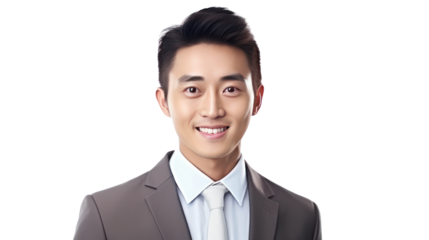 Happy young Asian businessman isolated on transparent and white background.PNG image.