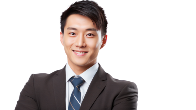 Happy young Asian businessman isolated on transparent and white background.PNG image.