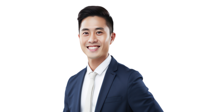 Happy young Asian businessman isolated on transparent and white background.PNG image.