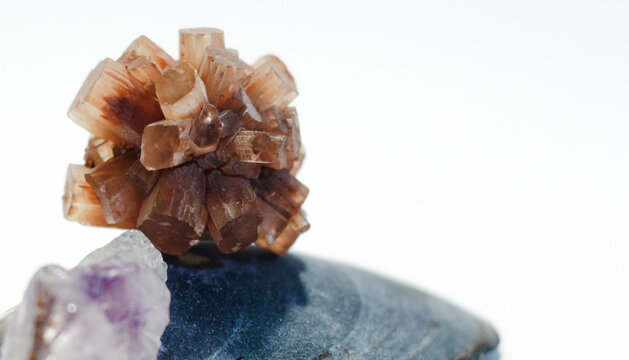 Natural Rough Orange Aragonite Starburst Cluster and Natural Polished Super Seven 7 Melody Stone Metaphysical Healing Crystal Gemstone Mineral Formation Sitting on top of Blue Mussel Shell