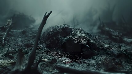 Carcass of mother earth in a dark, gothic scene surrounded by dark mud. An environment of ominous darkness and soil deterioration. Visual metaphor for the dark fragility of nature. - obrazy, fototapety, plakaty
